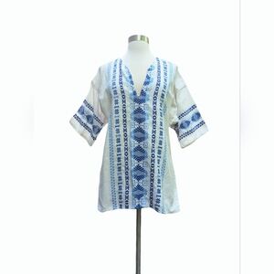 Chiapas Mexican Top Shirt White Blue Embroidered Unisex Boho Festival MEDIUM